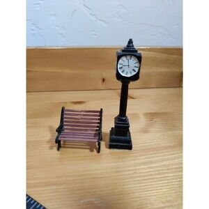 Lemax Village Accessory Black Town Clock Tower City Center + Metal Park Bench